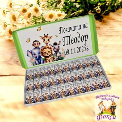 Персонализирани шоколадови бонбони за бебешка погача Сафари